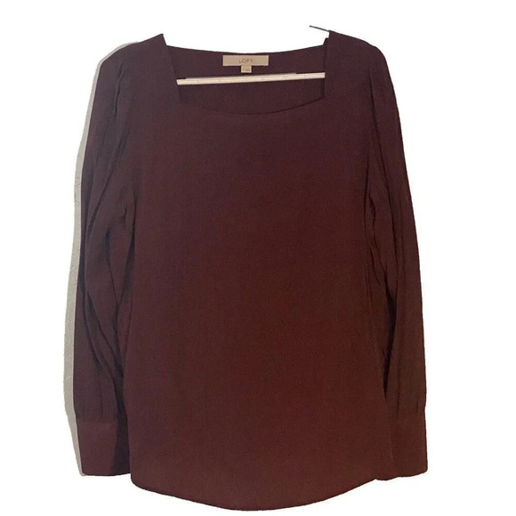 Loft Women's Size M Long Sleeve Button Cuff Blouse Maroon Square Collar Soft - Picture 1 of 9